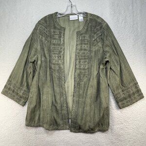 Alfred Dunner Cardigan Womens Size 16 Green Embroidered Open Front 3/4 Sleeve